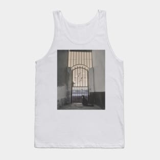 Black cat gazing through the old garden gate Tank Top